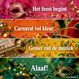 Vier kleurrijke stroken tonen maskers, confetti en feestwensen.