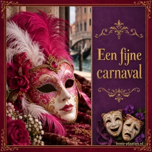 Een roze masker en witte veren vullen een feestelijke collage.