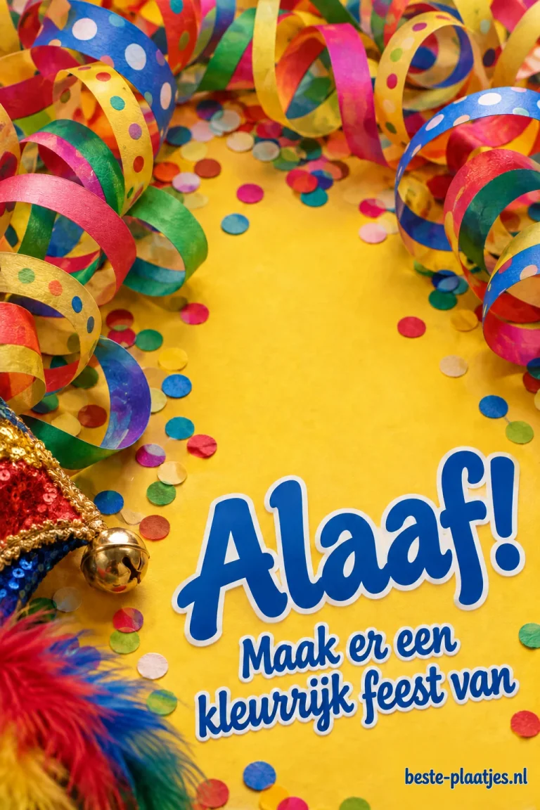 Serpentines en confetti steken fel af tegen een gele achtergrond.