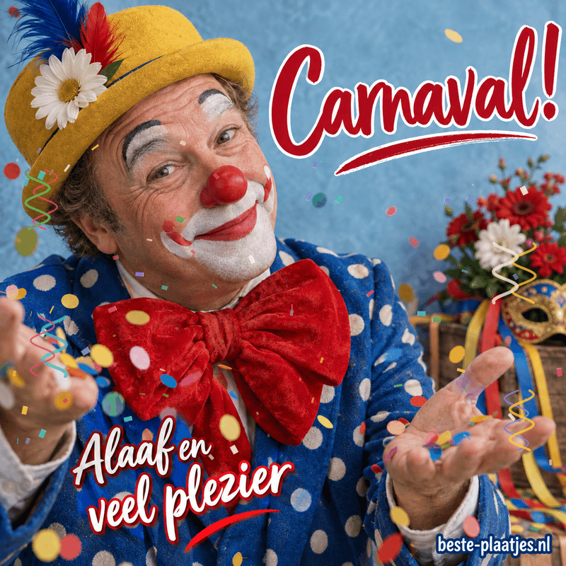 Een vrolijke clown in een gele hoed draagt een grote rode strik.