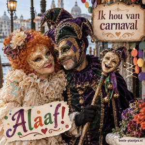 Twee carnavalsfiguren tonen kleurrijke kostuums en maskers.