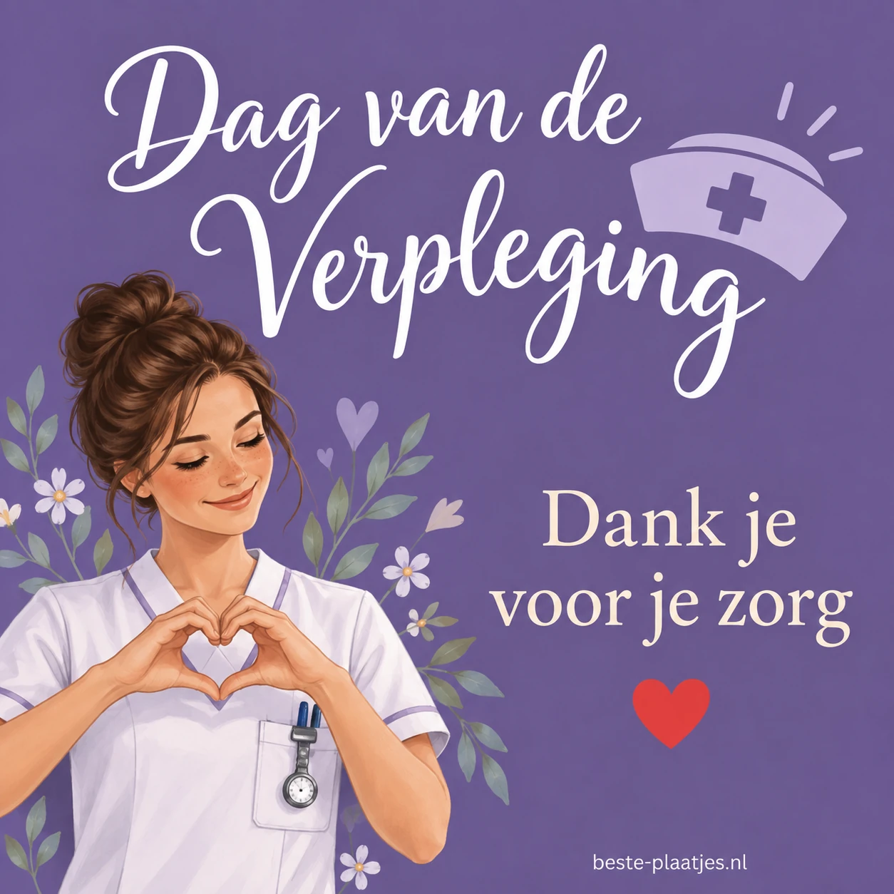 Een verpleegkundige vormt met haar handen een hart voor een paarse achtergrond. Een verpleegkundige vormt met haar handen een hart voor een paarse achtergrond.