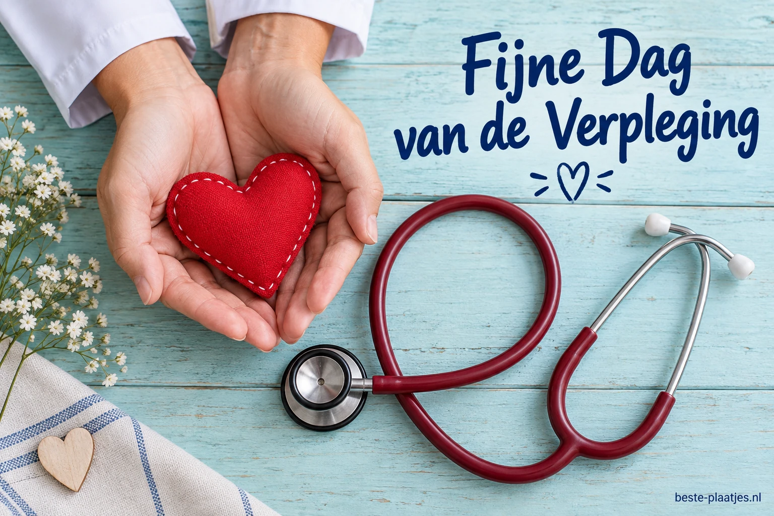 Twee handen houden een rood hart naast een stethoscoop op lichtblauwe planken. Twee handen houden een rood hart naast een stethoscoop op lichtblauwe planken.