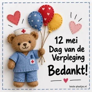 Een stoffen beer in een verpleeguniform staat tussen kleine hartjes en ballonnen.