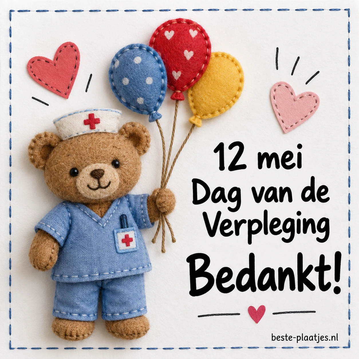 Een stoffen beer in een verpleeguniform staat tussen kleine hartjes en ballonnen. Een stoffen beer in een verpleeguniform staat tussen kleine hartjes en ballonnen.