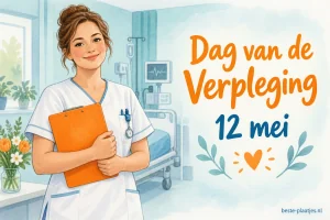 Een getekende verpleegkundige houdt een oranje klembord in een lichte ziekenhuiskamer.