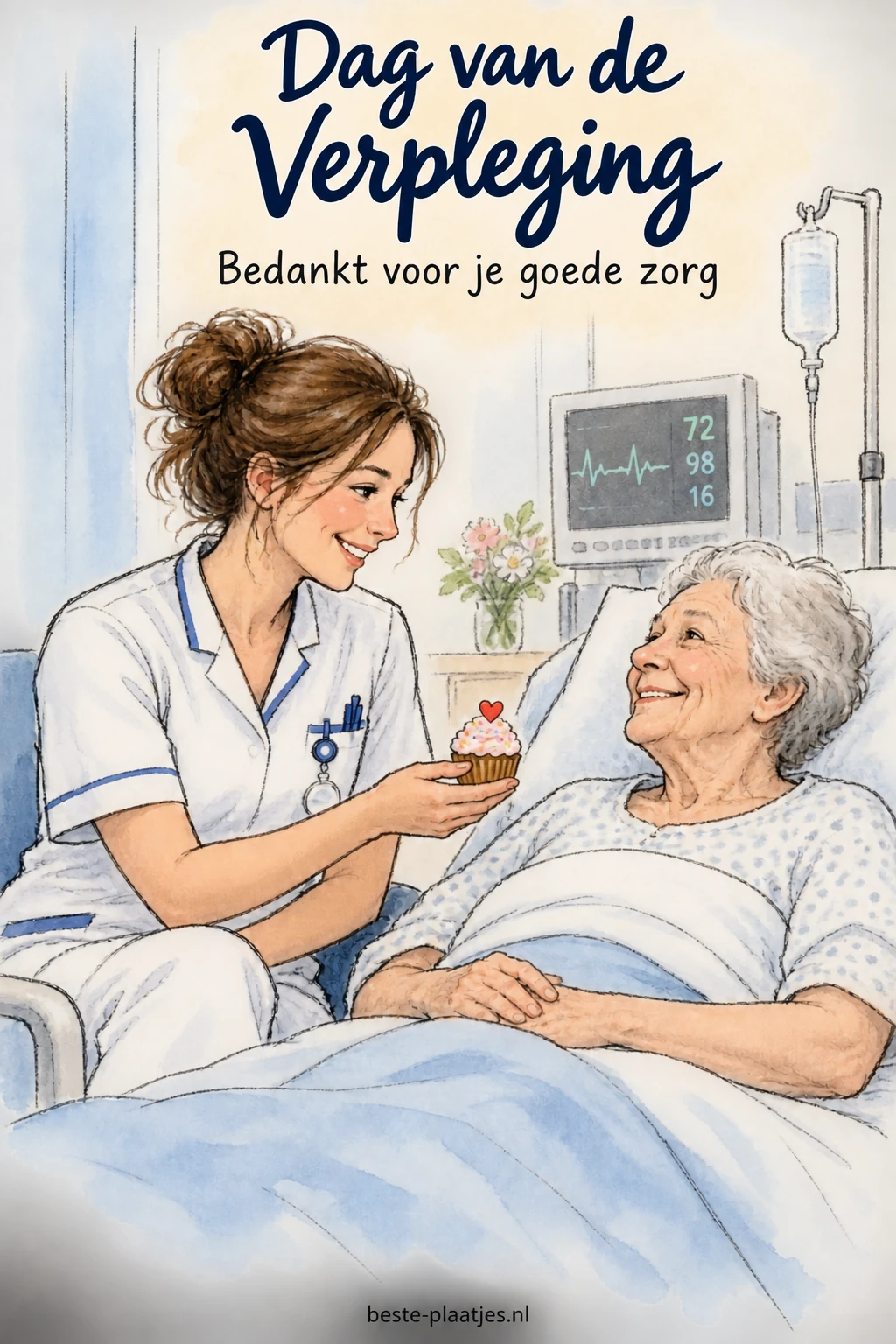 Een verpleegkundige geeft een oudere patiënt een klein gebakje aan het bed. Een verpleegkundige geeft een oudere patiënt een klein gebakje aan het bed.