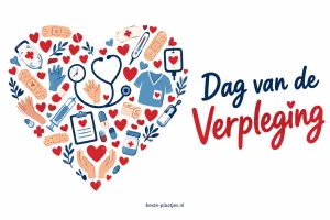 Een groot hart van kleine zorgsymbolen staat naast blauwrode letters.