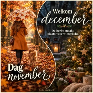 Een collage met een herfstwandeling en een verlichte kerstboom toont de overgang naar december.