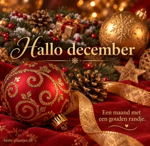 Kerstballen, een dennenappel en gouden lint geven december een feestelijke rode kaart.