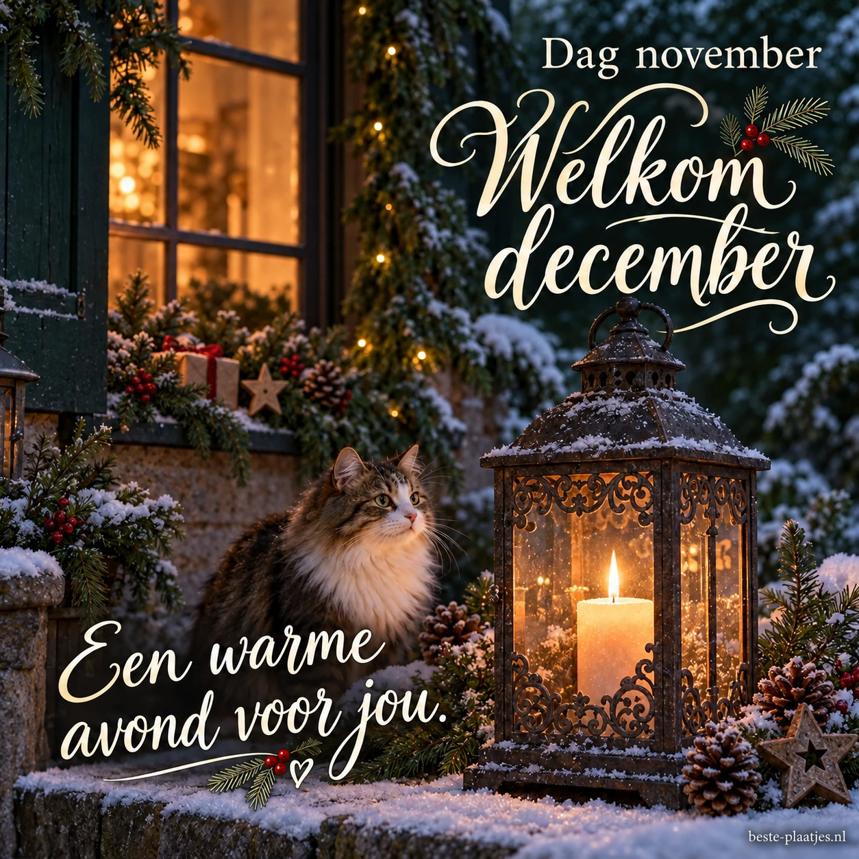 Een brandende lantaarn tussen winterse takken brengt een warme decemberavondgroet. Een brandende lantaarn tussen winterse takken brengt een warme decemberavondgroet.