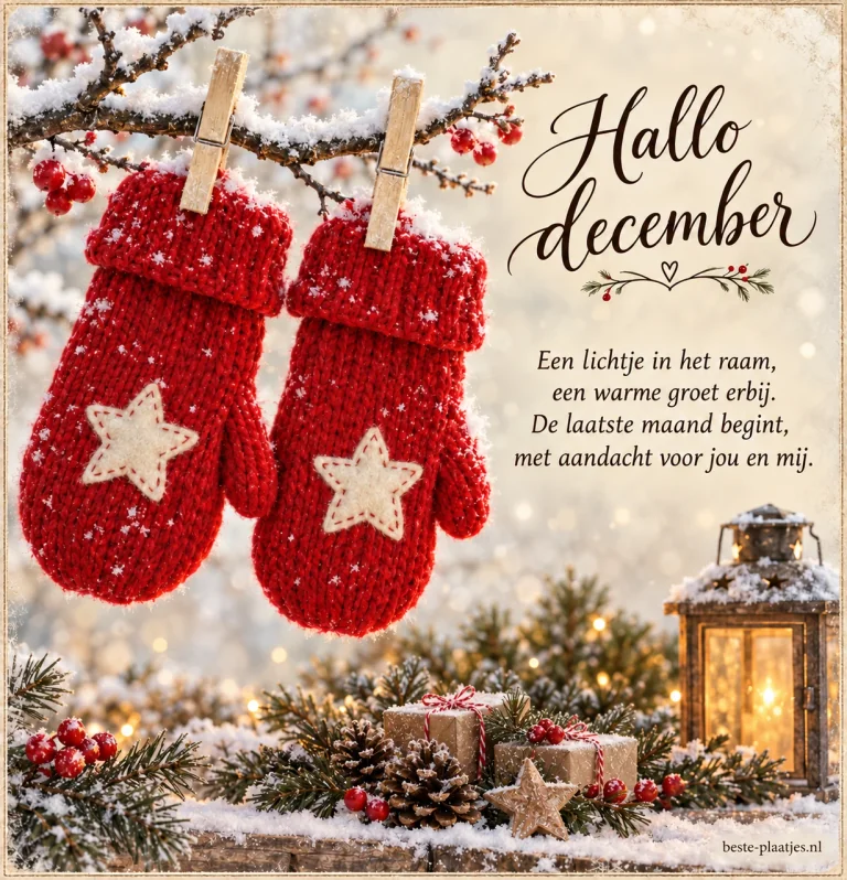 Rode wanten aan een besneeuwde tak staan naast een kleine warme decemberwens.