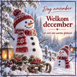 Twee sneeuwpoppen met winterse details brengen een vrolijke groet bij het begin van december.