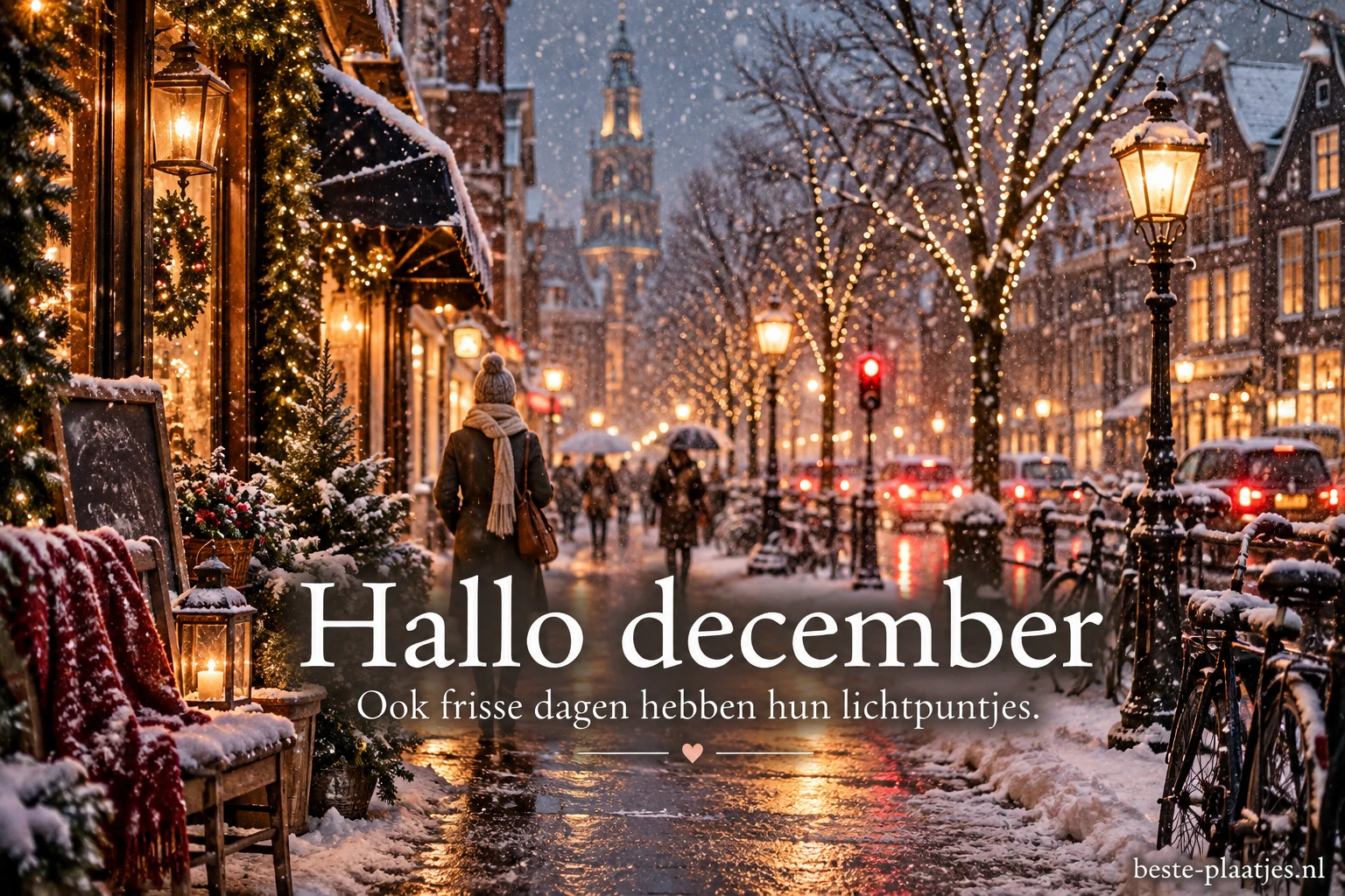 Een wandelaar in een winterse stadsstraat brengt een frisse groet voor december. Een wandelaar in een winterse stadsstraat brengt een frisse groet voor december.