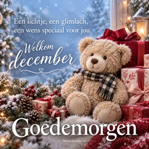 Een zachte teddybeer naast cadeaus brengt een vriendelijke goedemorgengroet voor december.