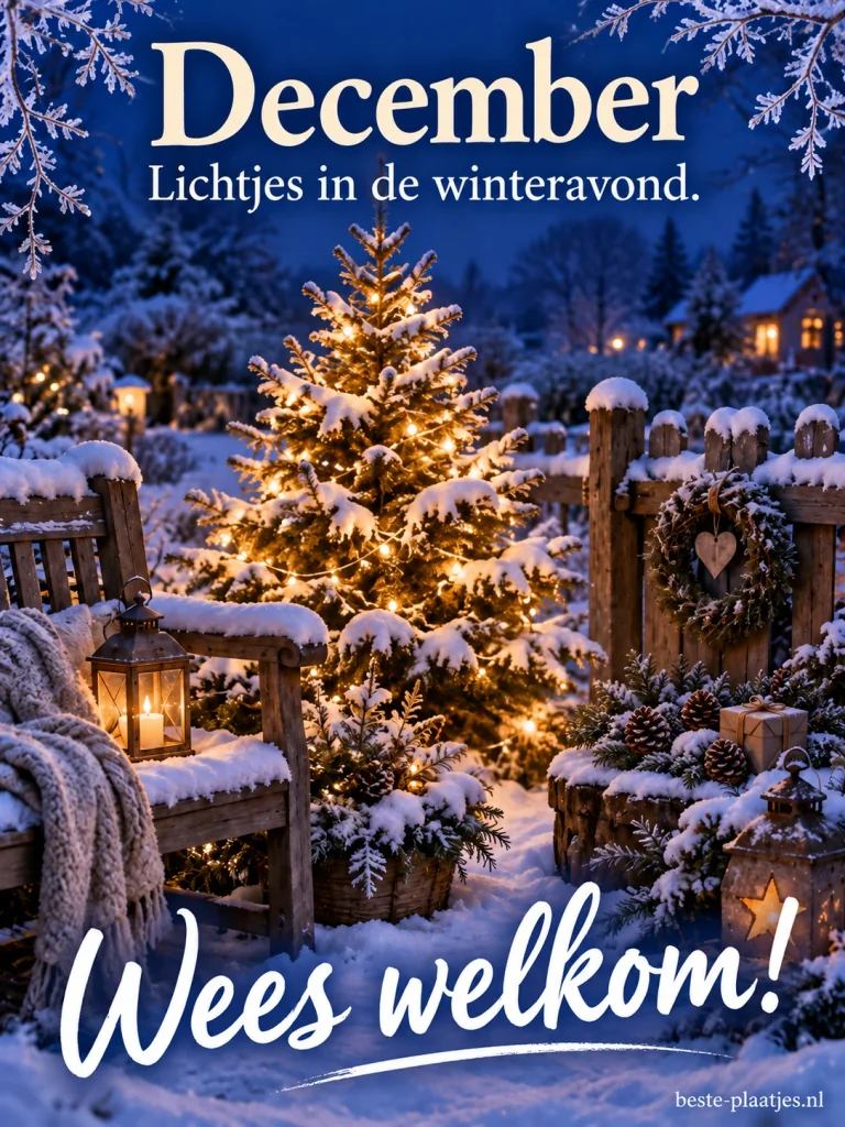 Een kleine verlichte kerstboom in de sneeuw brengt warmte in een blauwe winteravond.