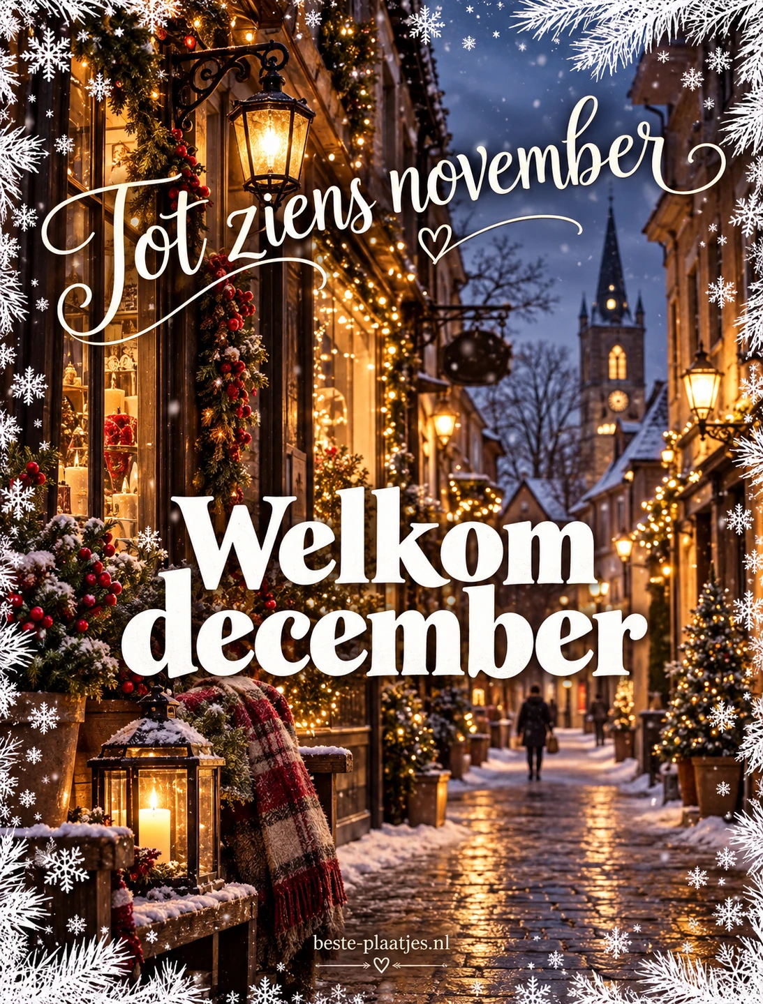Een verlichte straat met winterse decoraties verwelkomt december en zwaait november uit. Een verlichte straat met winterse decoraties verwelkomt december en zwaait november uit.