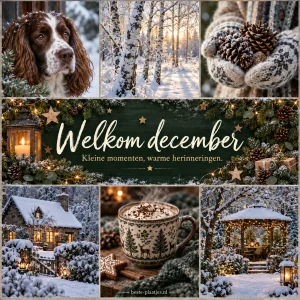 Een wintercollage met een hond, sneeuw, dennenappels en warme chocolademelk verwelkomt december.