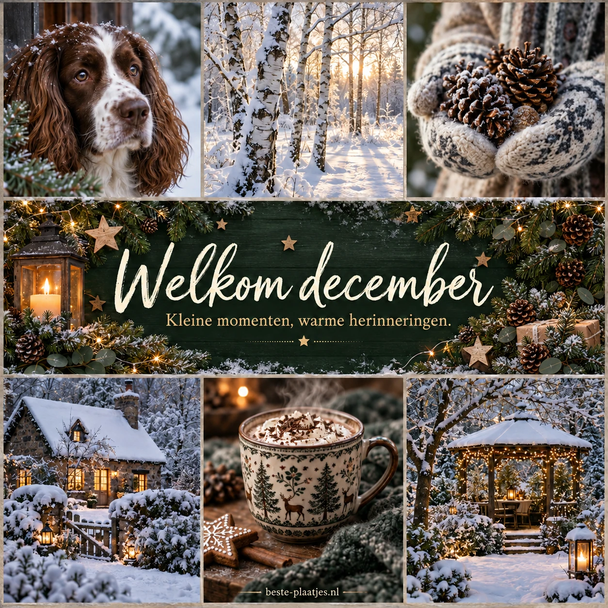 Een wintercollage met een hond, sneeuw, dennenappels en warme chocolademelk verwelkomt december. Een wintercollage met een hond, sneeuw, dennenappels en warme chocolademelk verwelkomt december.