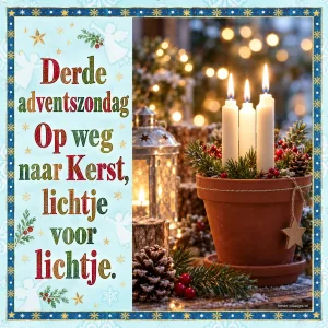 Een blauw tekstpaneel naast kaarsen in een pot geeft de derde advent een warme collage.