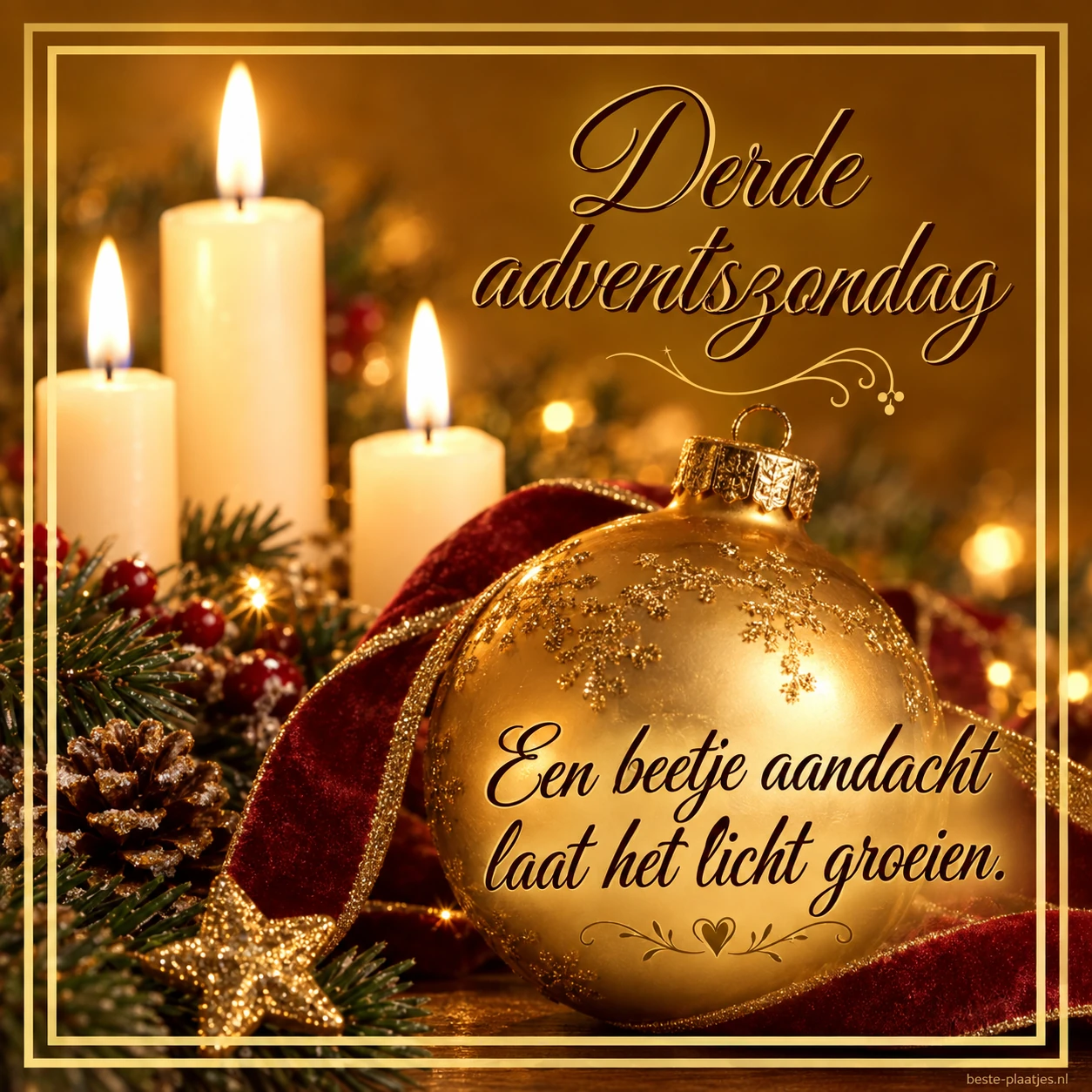 Gouden kerstversieringen en drie kaarsvlammen brengen een adventsgroet vol aandacht.