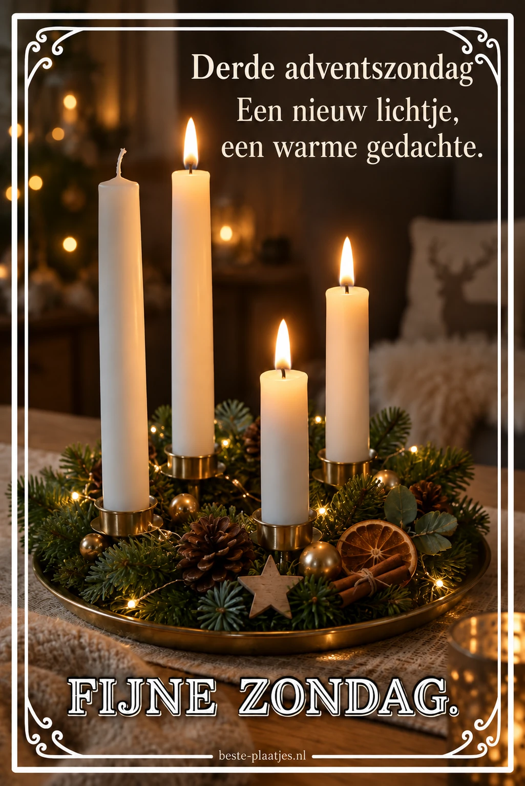 Drie kaarsvlammen in een rustieke krans brengen een warme derde-adventsgroet.