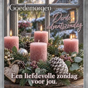 Roze kaarsen en zilveren dennenappels bij een raam brengen een liefdevolle zondagwens.