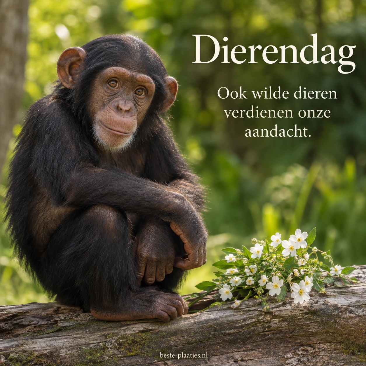 Een jonge chimpansee bij witte bloemen brengt op Dierendag aandacht voor wilde dieren.
