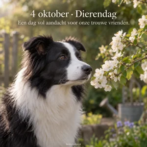 Een hond naast witte bloesems brengt een zachte Dierendaggroet.