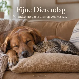 Een hond en een kat slapen samen op een kussen als teken van vriendschap.