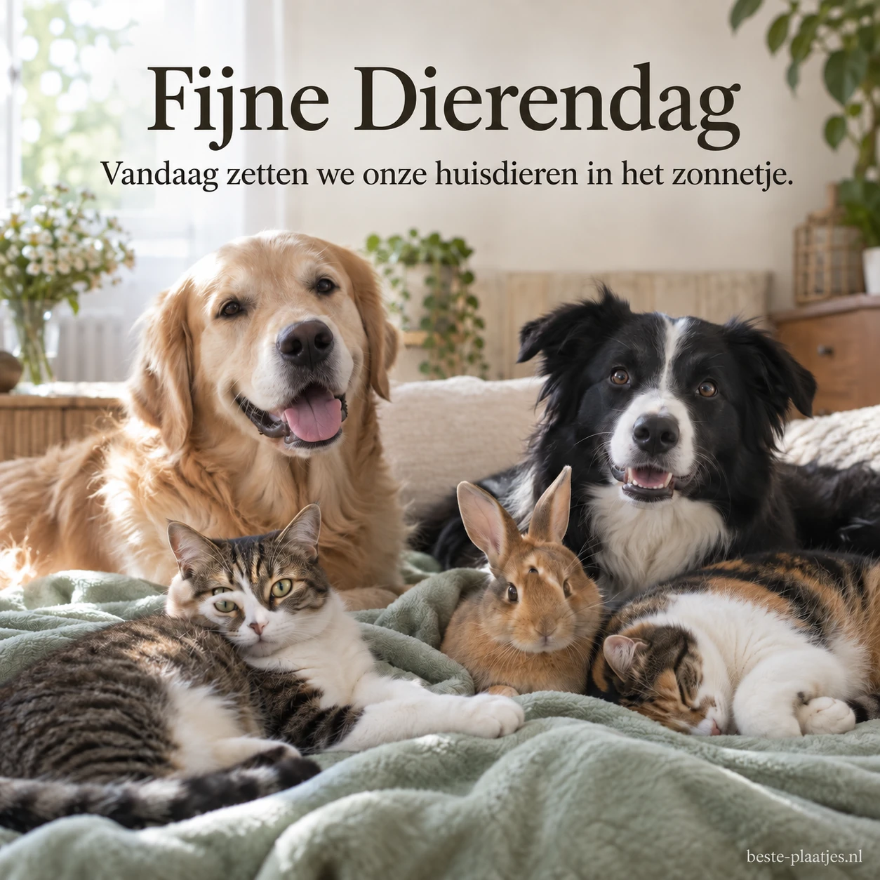 Een groep ontspannen huisdieren op een zachte deken viert Dierendag.