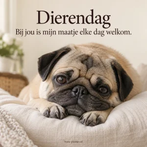 Een ontspannen mopshond op een kussen herinnert aan dagelijkse aandacht voor je huisdier.