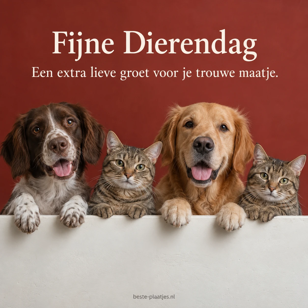 Twee honden en twee katten kijken nieuwsgierig over een rand voor Dierendag.