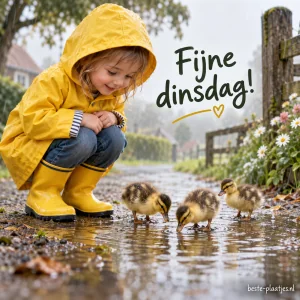 Een meisje in een regenjas en laarzen kijkt naar eendjes in een plas.