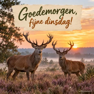 Twee herten met grote geweien staan in een veld.