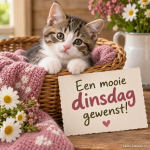 Een lief katje zit in een mandje.