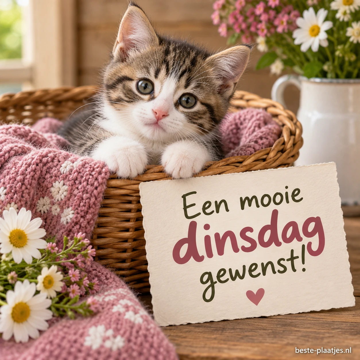 Een lief katje zit in een mandje.