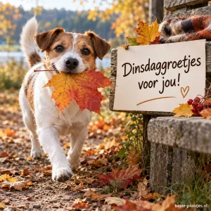 Een speelse hond met een grote herfstblad in zijn bek.