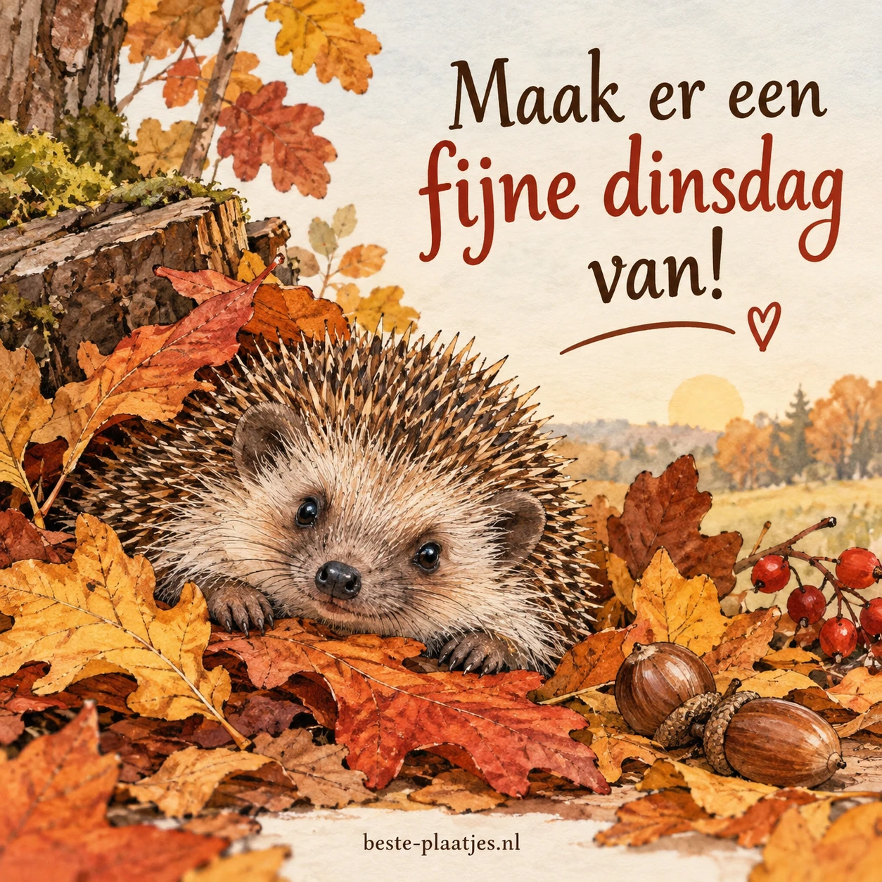Een egel ligt tussen herfstbladeren.