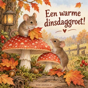 Twee muisjes zitten bij rode paddenstoelen tussen herfstbladeren.