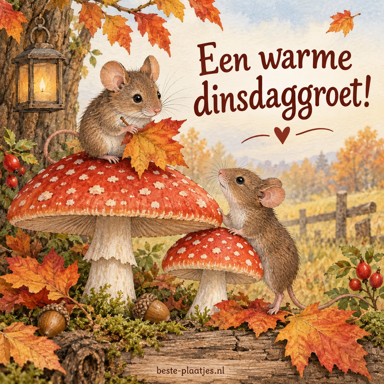Twee muisjes zitten bij rode paddenstoelen tussen herfstbladeren.