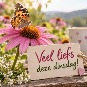 Een vlinder rust op een roze bloem in zacht ochtendlicht.