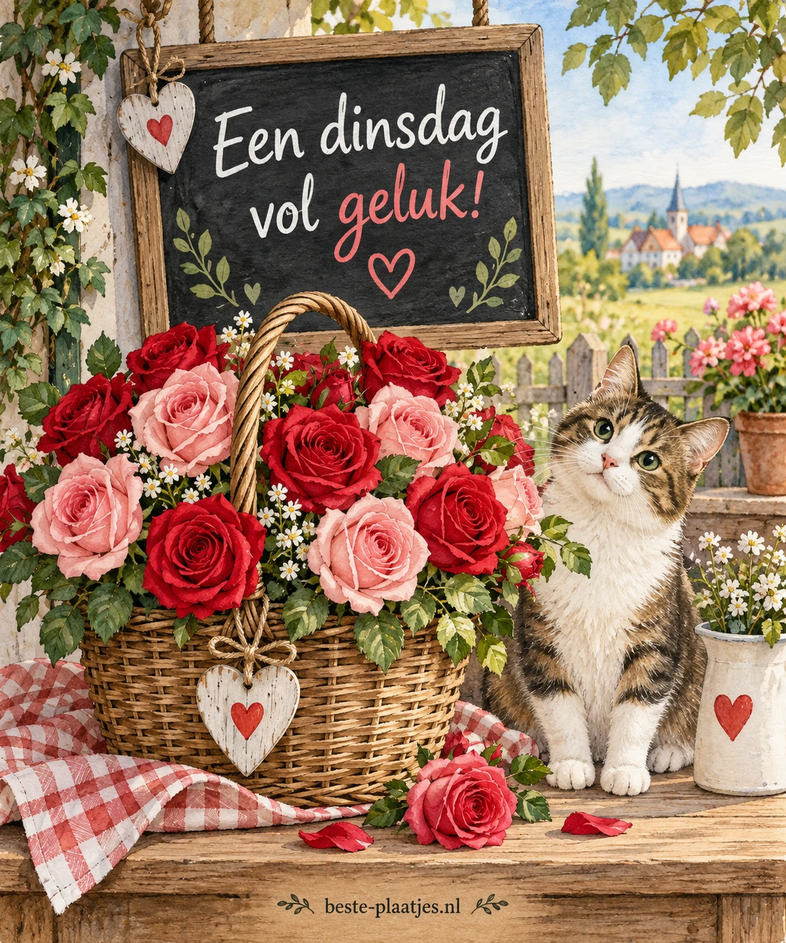 Een mand met roze en rode rozen staat naast een kat en een bord met een dinsdagwens.