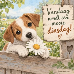 Een schattige pup en een madeliefje.