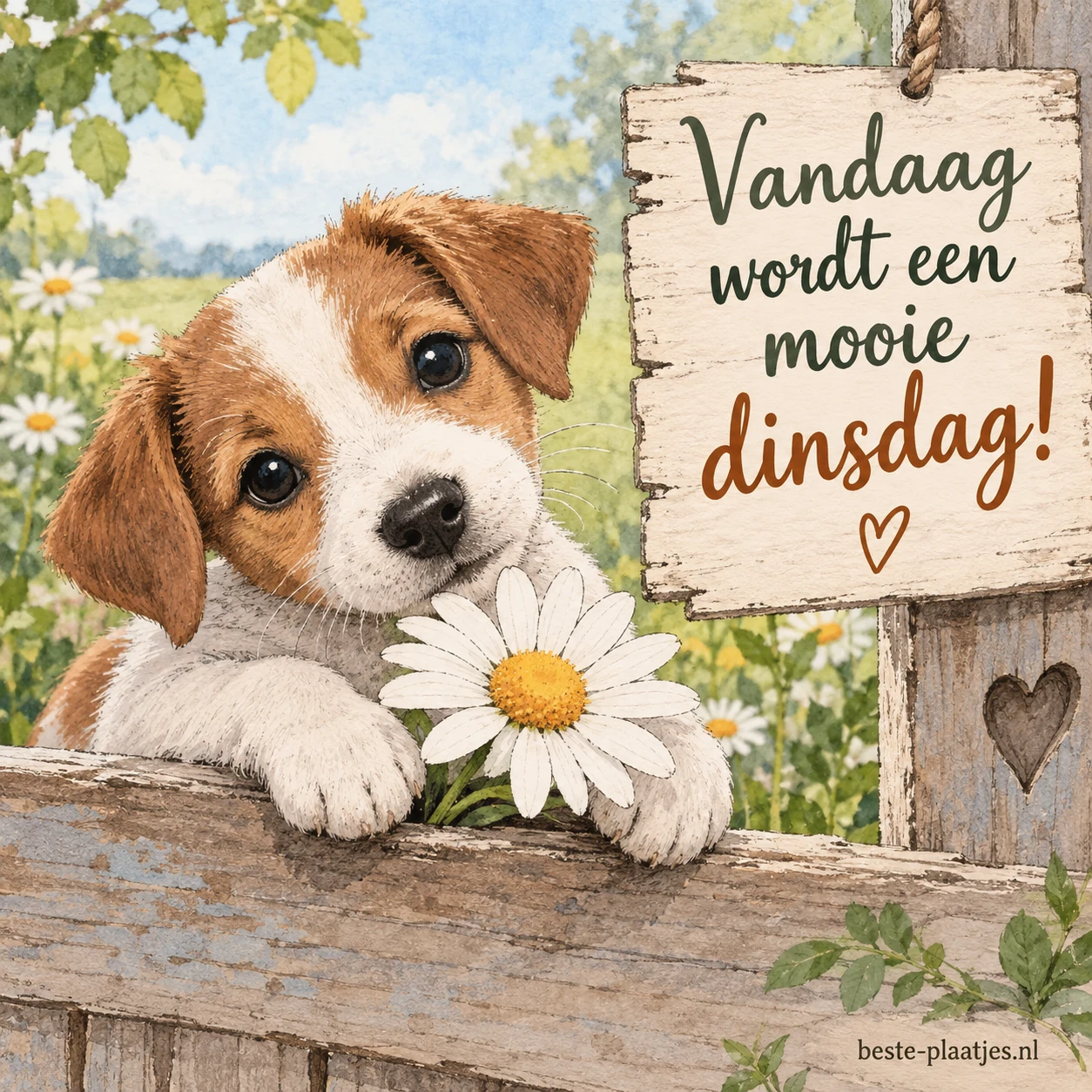 Een schattige pup en een madeliefje.