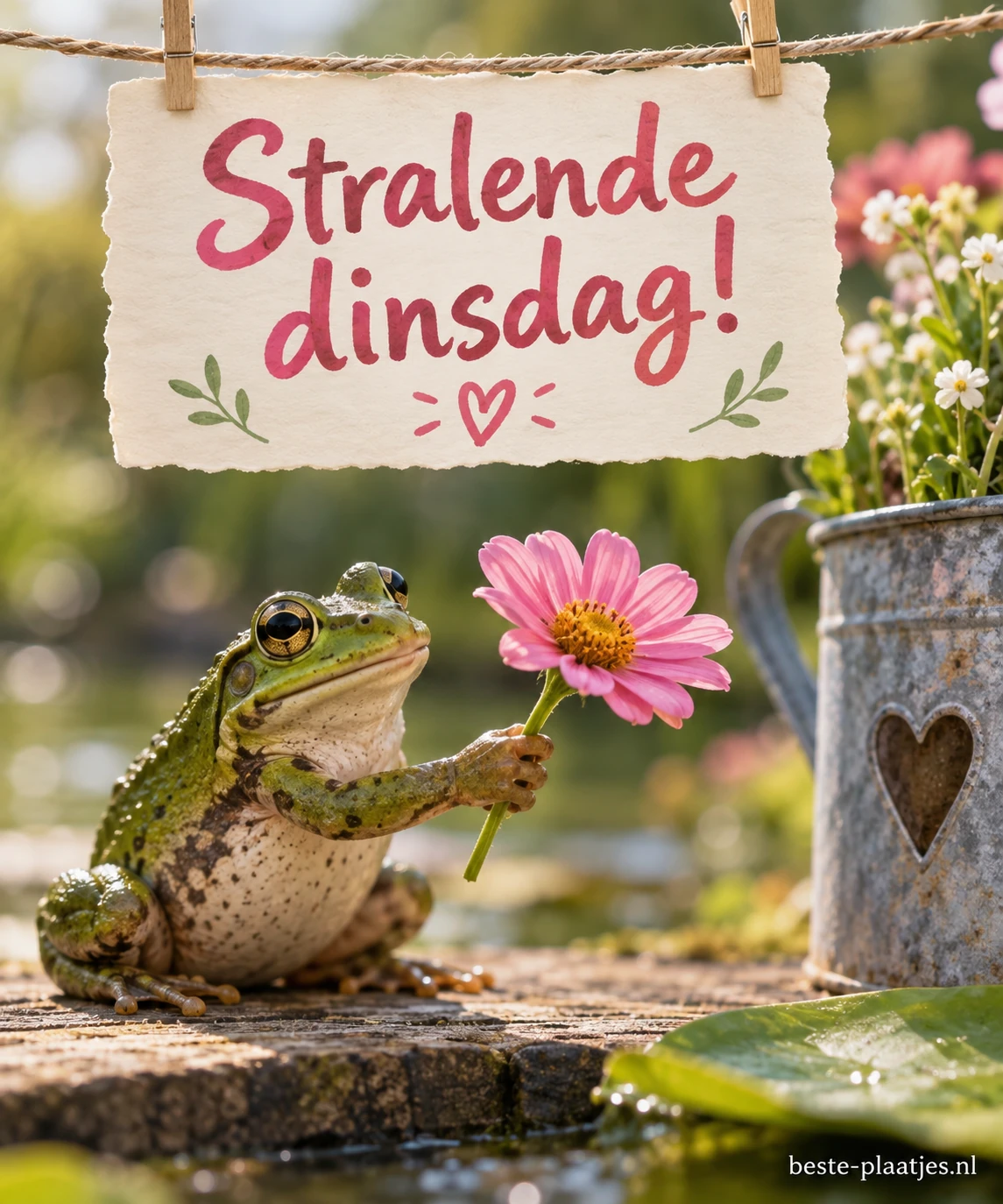 Een vrolijke kikker houdt een roze bloem vast bij een vijver.