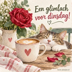 Schattig kopje met roos straalt warmte en vrolijkheid uit.