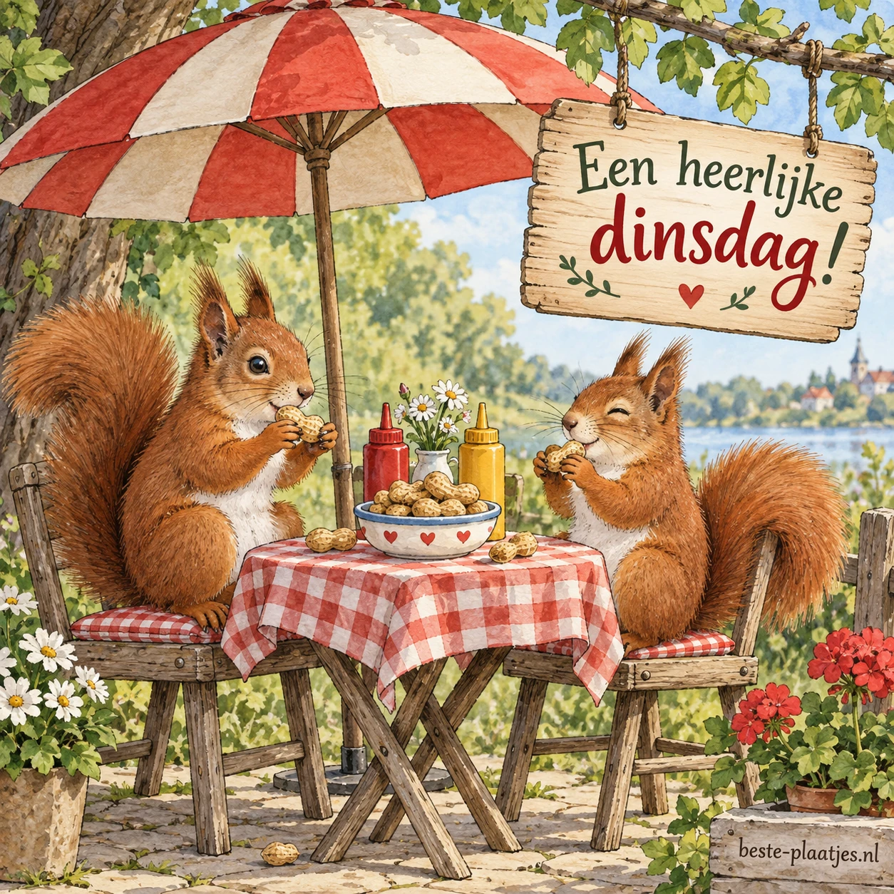 Twee eekhoorns zitten bij een tafeltje met pinda’s, onder een parasol met ketchup- en mosterdfles.