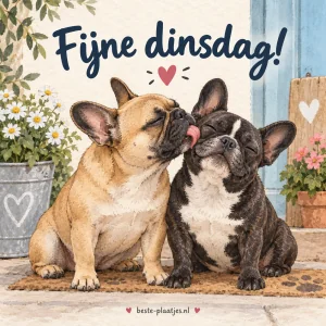 Twee Franse bulldogs, een likt de ander.