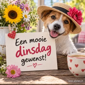 Een puppy draagt een strohoed met een roze bloem en zit achter een bord met een dinsdagwens.